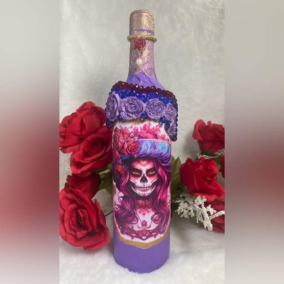 Hand Painted-Decoupaged Sugar Skull-Dia De Los Muertos-Day of the Dead Bottle - Picture 1 of 12